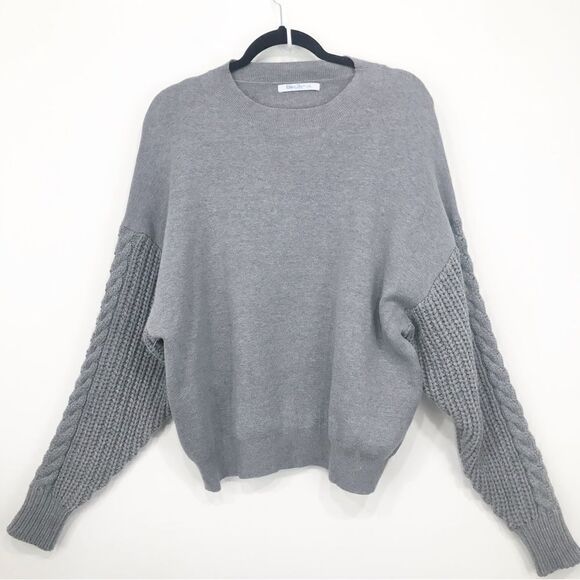 Elsie & Zoey Gray Cable Knit Sleeve Oversized Crew Neck Eco Friendly Sweater - Picture 3 of 16